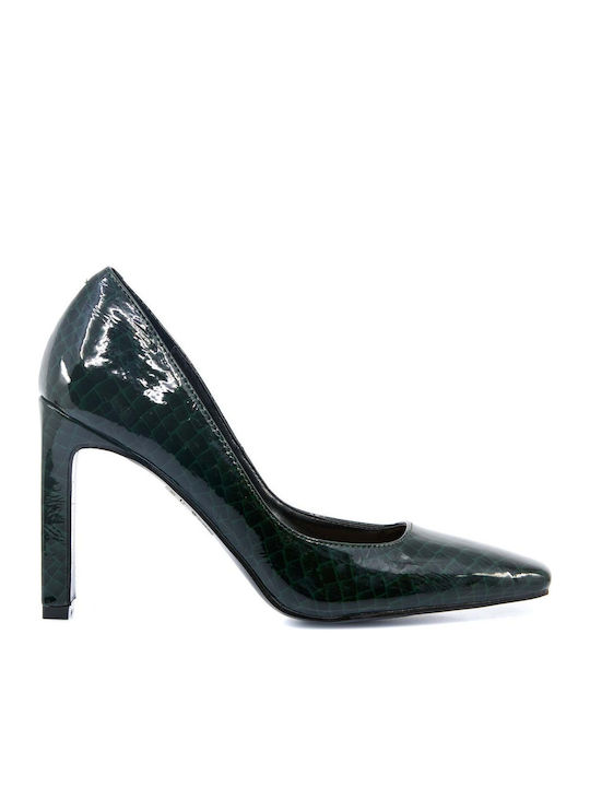 Pointed Toe Heels Made of Patent Leather with Chunky High Heel Khaki