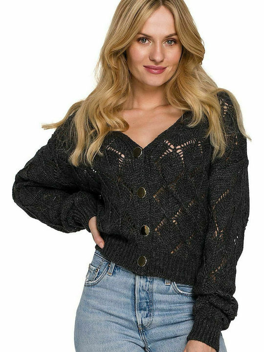 Makover K104 Short Women's Knitted Cardigan with Buttons Grey