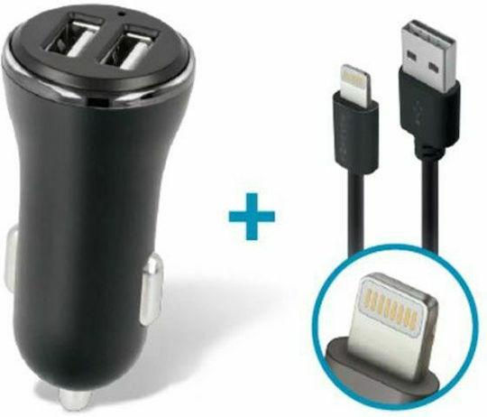 Forever CC-03 Car Charger 2.4A with Ports: 2xUSB with Cable Lightning Black Color