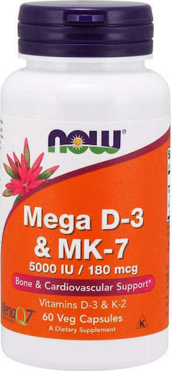 Now Foods Mega D-3 & MK-7 Βιταμίνη για Ενίσχυση του Ανοσοποιητικού & την Υγεία των Οστών 5000iu 180mg 60 φυτικές κάψουλες