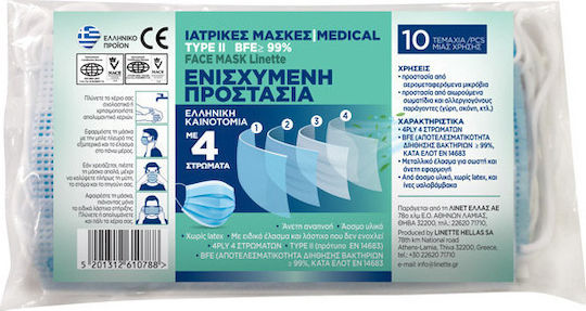 Linette Medizinische Masken Type II BFE> 99% mit 4 Schichten Schutzmaske Typ II Chirurgisch Hellblau 10Stück
