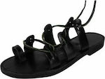 Kouros 71 Leather Women's Flat Sandals Gladiator in Black Color