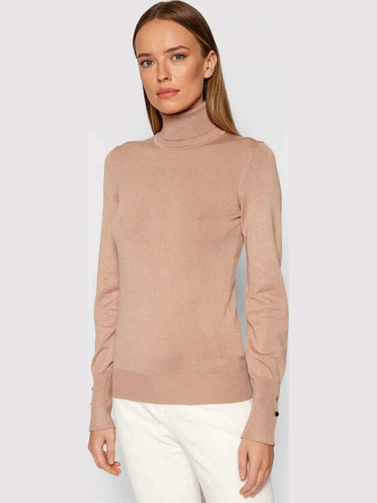 Winter Women's Fleece Turtleneck Long Sleeve Beige Blouse