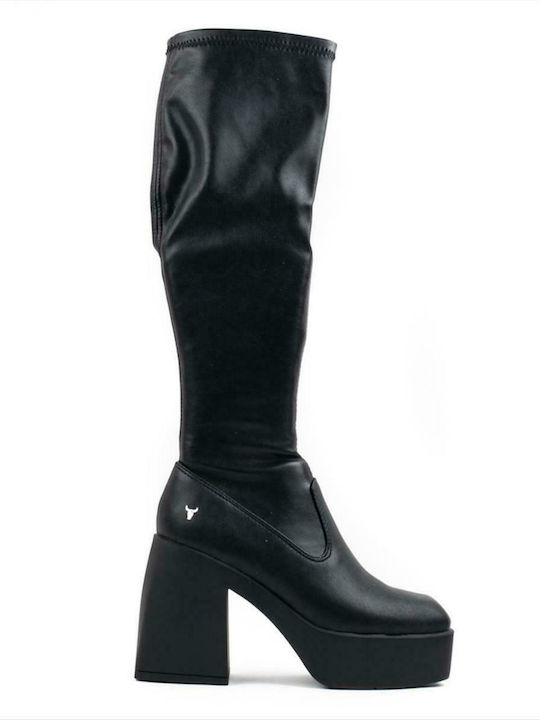 Windsor Smith Badgirls Δερμάτινες Γυναικείες Μπότες με Ψηλό Τακούνι Μαύρες