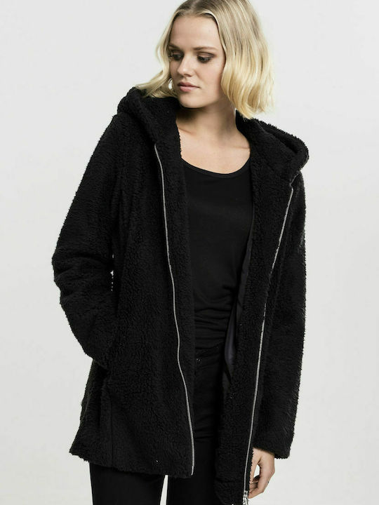 Urban Classics Sherpa Γυναικείο Μαύρο Παλτό με Κουκούλα