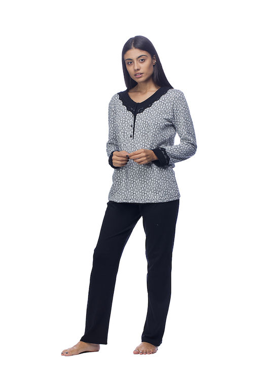 Zaboo Women's Winter Jacquard Pyjama with Placket and V Neckline - ZB1054 Grey-Black