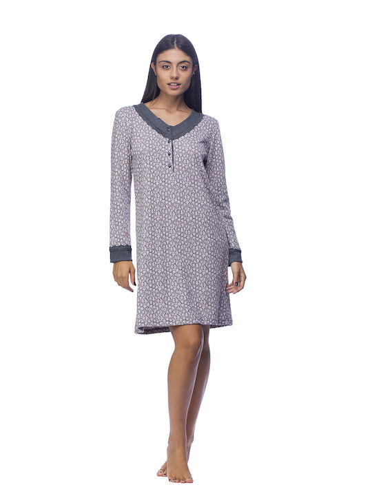 Zaboo Women's winter nightgown jacquard with placket and V-neckline-ZB1056 Gray-Pink