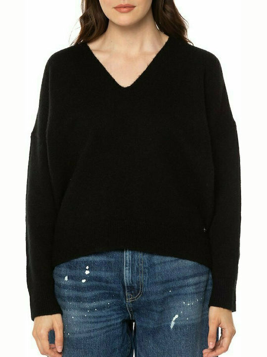 Superdry Studios Slouch Women's Long Sleeve Sweater with V Neckline Black