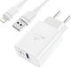 Leewello с USB-A порт и USB-C порт и кабел Lightning 20W Power Delivery / Quick Charge 3.0 Бял (CDQ-087 + SJX-190)