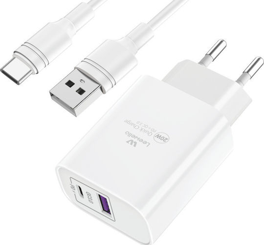 Leewello Зарядно Устройство с USB-A Изходен Порт и USB-C Изходен Порт и Кабел USB-C 20W Power Delivery / Quick Charge 3.0 Бял (CDQ-087 + SJX-190)