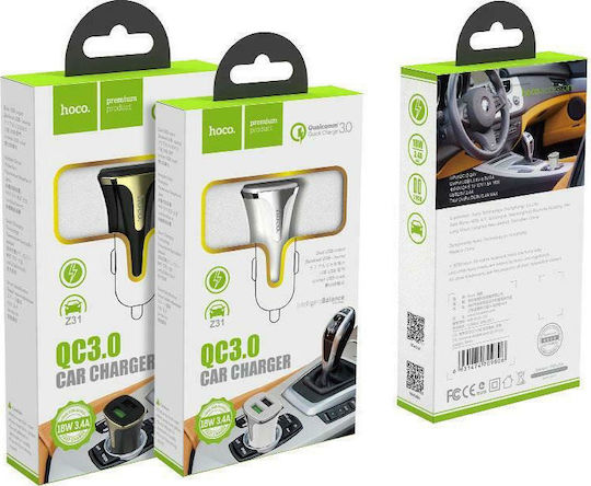 Hoco Z31 Car Charger 18W 3A Fast Charging with Ports: 2xUSB White Color