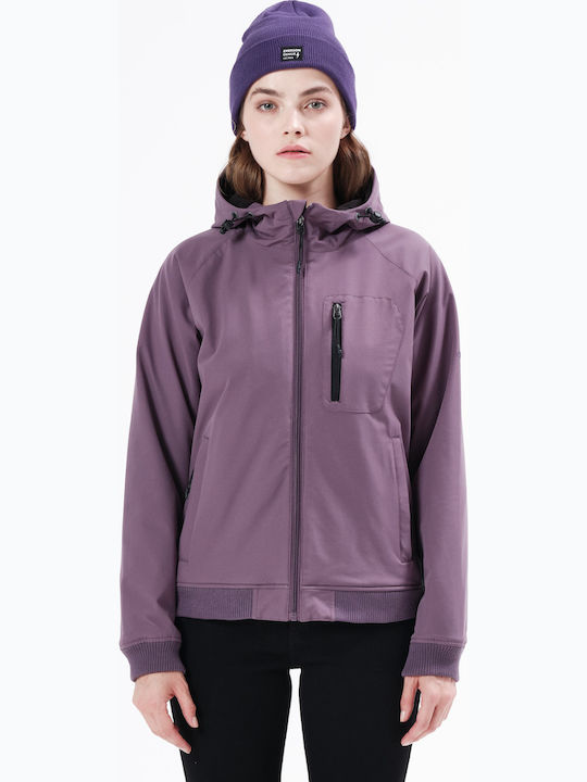 Women's Short Sports Softshell Jacket Waterproof and Windproof for Winter with Hood Purple