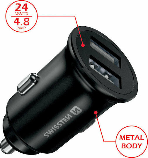 Swissten Încărcător Auto 24W 4.8A cu Porturi: 2xUSB Negru Culoare