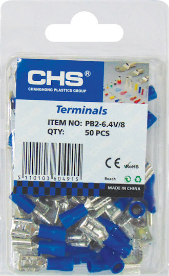 CHS Изтеглящи се електрически терминали с изолация 6.3mm Син (PB2-6.4V/8) в комплект от 50бр