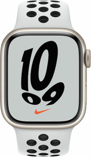 Apple Watch Series 7 Nike Aluminium 45mm Αδιάβροχο με Παλμογράφο (Starlight)