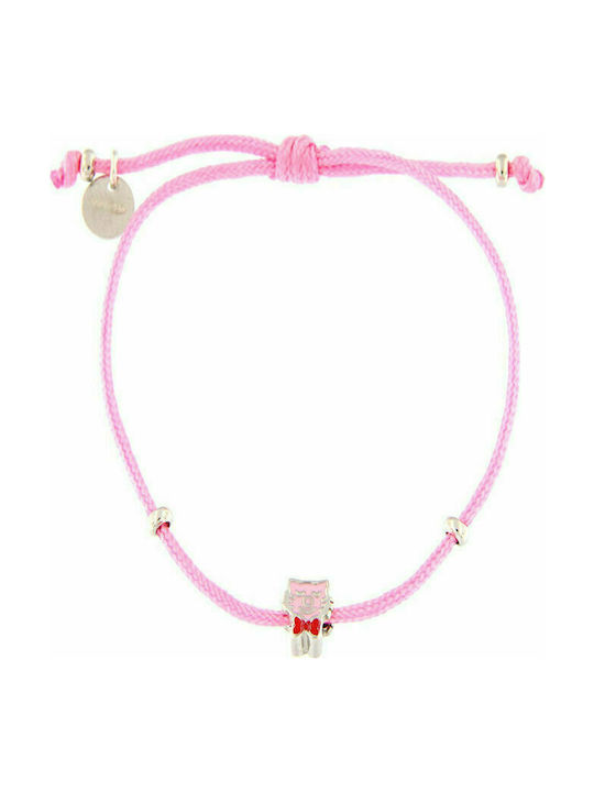 Children's silver bracelet 925° with pink silk cord and enamel.