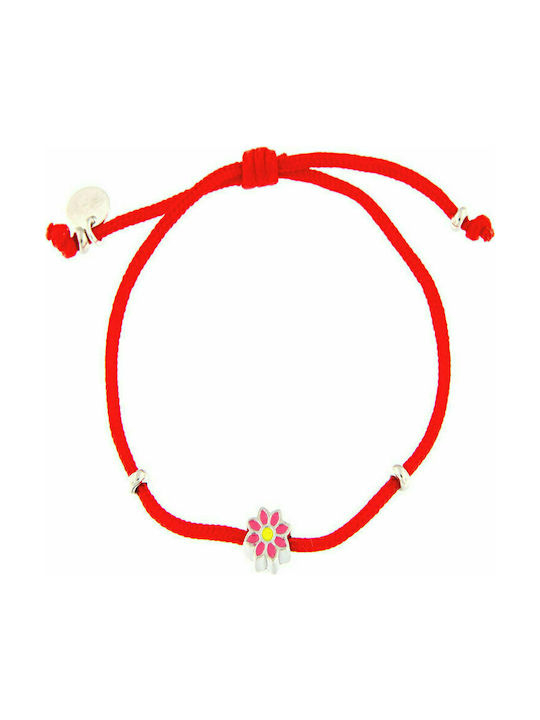 Children's silver bracelet 925° with red silk cord and enamel.