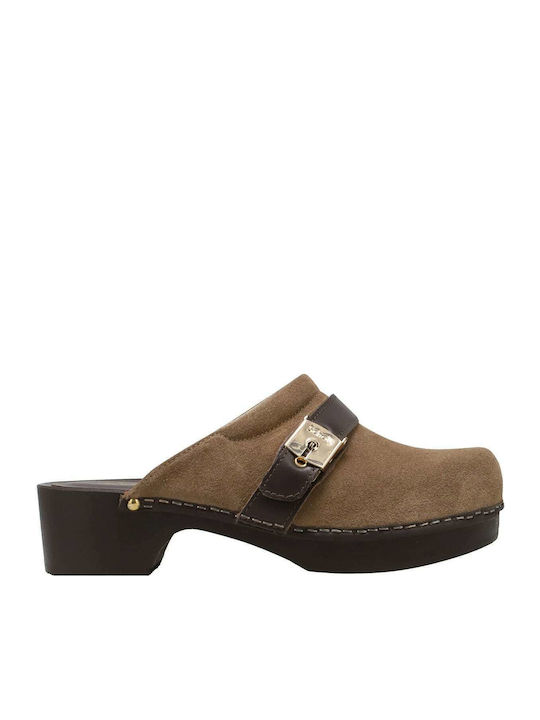 Pescura Suede Mules with Low Heel in Brown Color