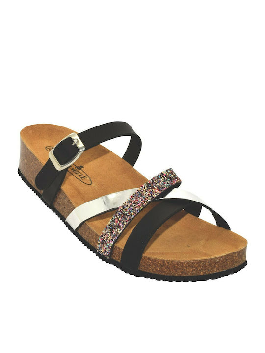 Leder Flache Damen Sandalen  Silber Schwarze