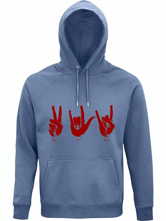 Hoodie Unisex, Bio "Frieden, Liebe, Rock", Blau