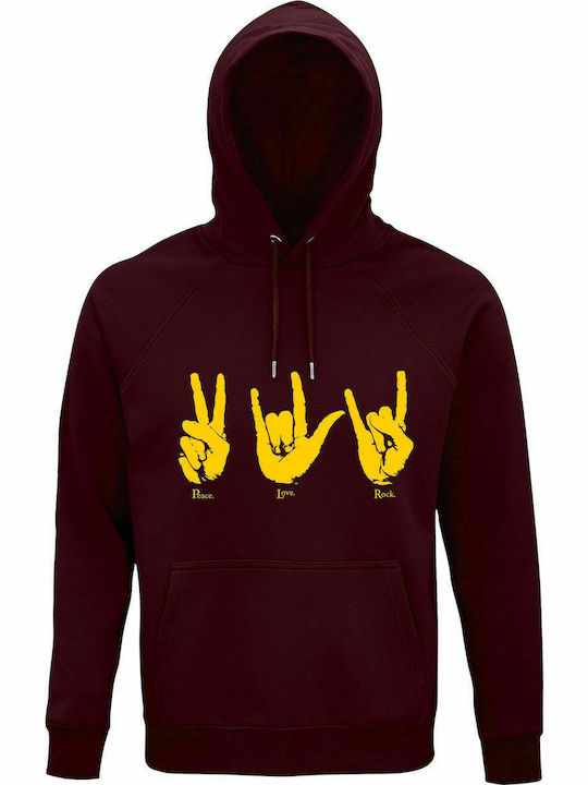 Hoodie Unisex, Organic "Peace, Love, Rock", Burgundy