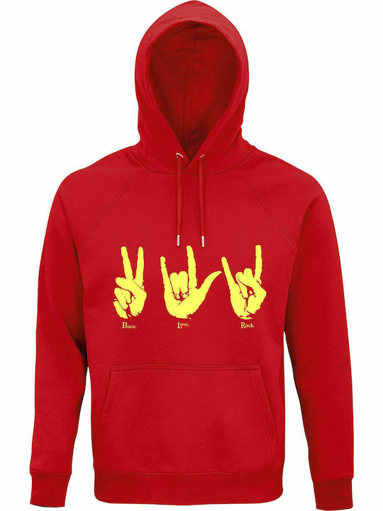 Hoodie Unisex, Bio "Frieden, Liebe, Rock", Rot