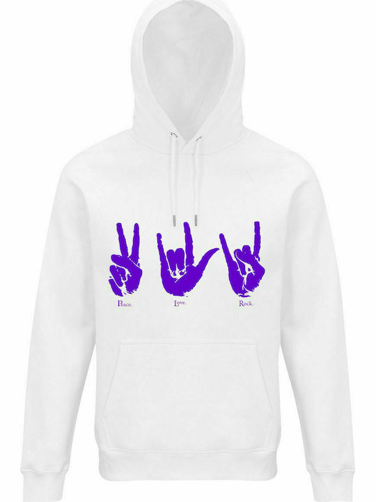 Hoodie Unisex, Bio "Frieden, Liebe, Rock", Weiß