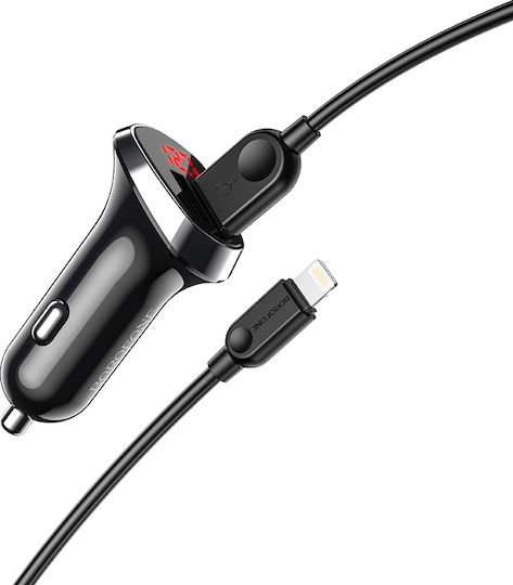 Borofone BZ15 LCD Auto-Ladegerät 2.4A mit Anschlüssen: 2xUSB mit Kabel Blitzschlag und Voltmeter Schwarz Farbe