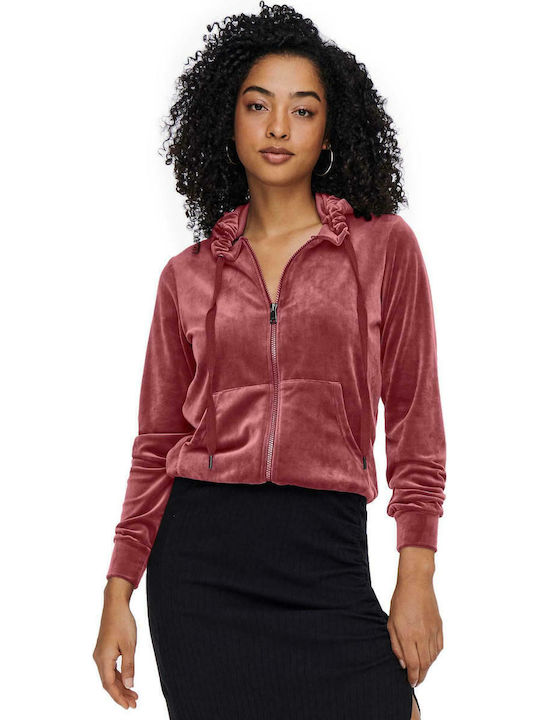 Long Women's Sweatshirt Jacket Velvet Hooded Oxblood Red