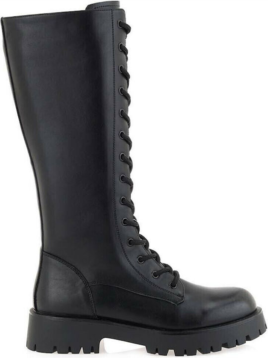 Synthetic Leather Medium Heel Women's Boots with Laces / Zipper Black