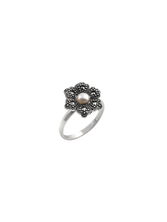 silverline, silver, women's, flower with pearl, marcasite, white, platinum plating