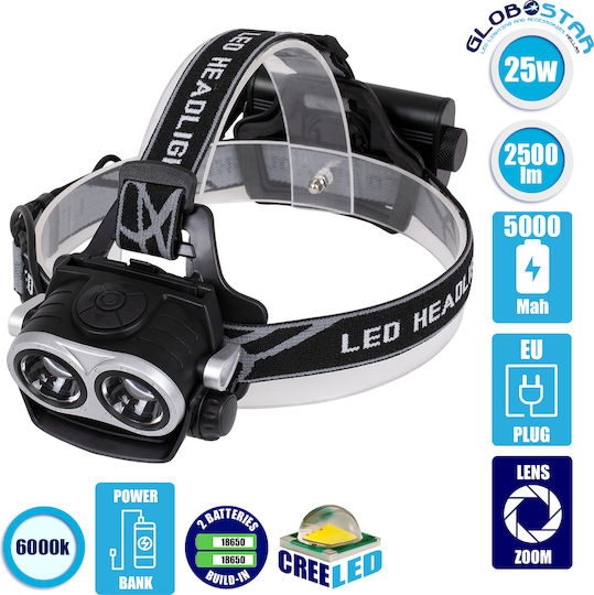GloboStar Rechargeable Headlamp LED IP65 with Maximum Brightness 2500lm XML2-T6 Chip 25 Watt Black