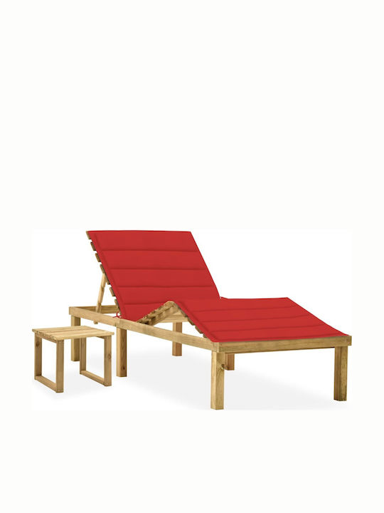 Deckchair Wooden with Cushion Pine / Red with Table 200x70x31.5cm.