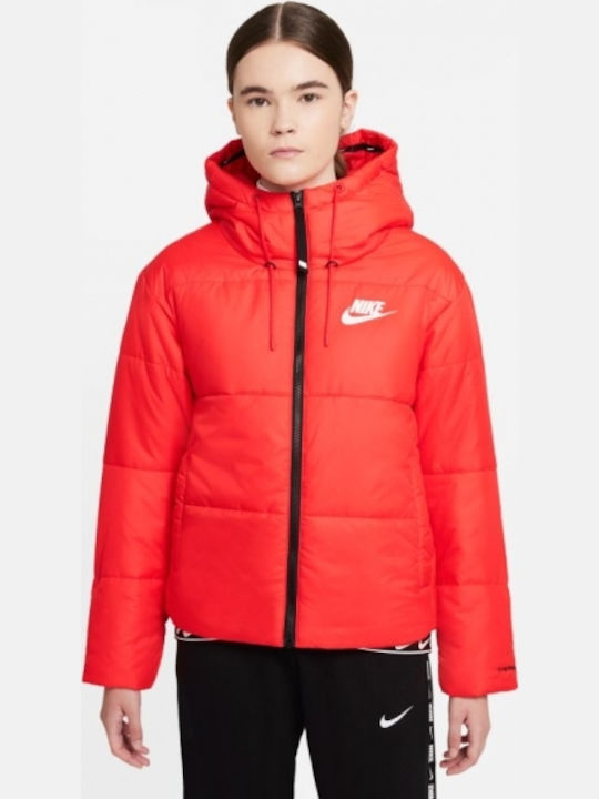 Nike Therma-FIT Κοντό Γυναικείο Puffer Μπουφάν για Χειμώνα Κόκκινο
