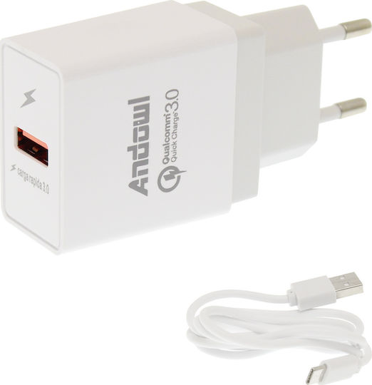 Andowl Charger with USB-A Port and Cable USB-C Quick Charge 3.0 Whites (Q-W061B)