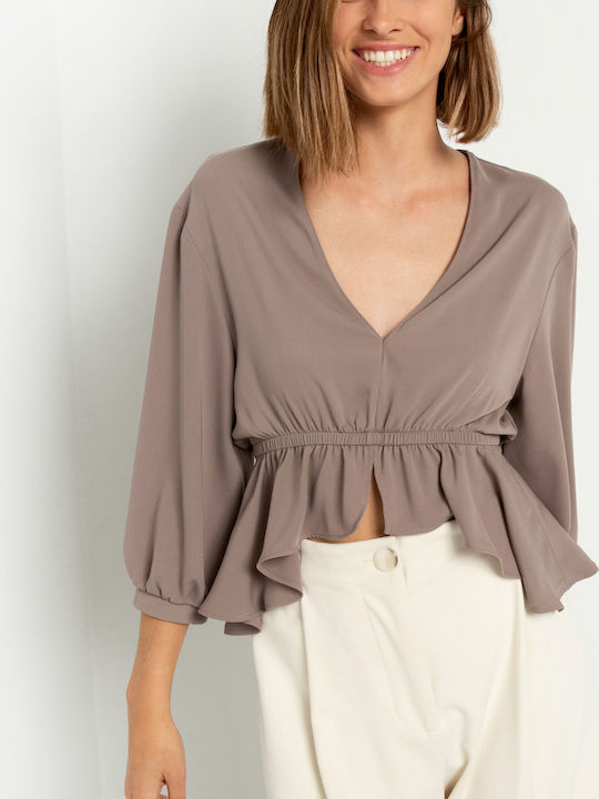 Toi&Moi Women's Blouse with 3/4 Sleeve & V Neckline Brown