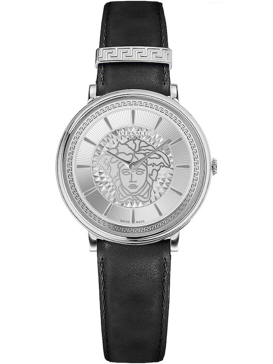 Versace Women's Watch with Black Leather Strap