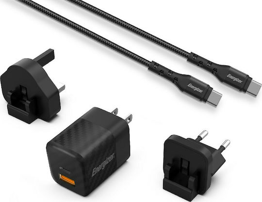 Energizer Mobile Phone Charger with USB-A and USB-C Output Ports and USB-C Cable 38W Power Delivery Quick Charge 3.0 Black