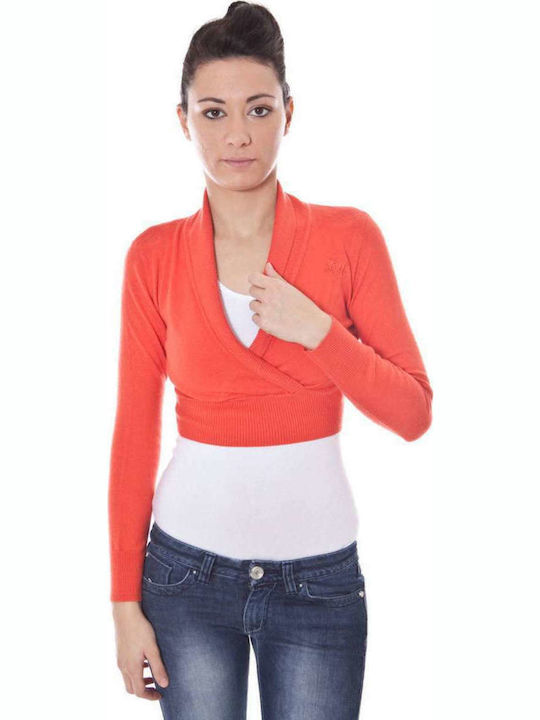 Datch Women's Summer Crop Top Long Sleeve with V Neck Red