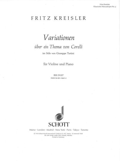 Schott Kreisler - Variations On A Theme by Corelli in F Major pentru Vioară / Pian
