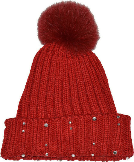 Pom Pom Beanie Unisex Beanie mit Rippstrick in Rot Farbe