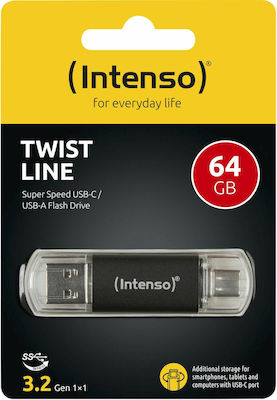 Intenso Twist Line 64GB USB 2.0 Stick με σύνδεση USB-A & USB-C Μαύρο