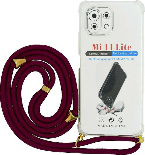 Ancus Crossbody Back Cover Silicone with Strap Transparent / Burgundy (Xiaomi Mi 11 Lite / 11 Lite 5G / 11 Lite 5G NE)