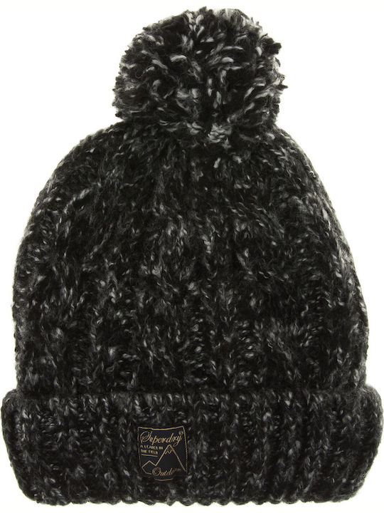 Tweed Cable Pom Pom Beanie Γυναικείος Σκούφος Πλεκτός σε Μαύρο χρώμα
