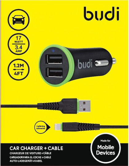 Budi Car Charger 17W 3.4A with 2xUSB-A Ports and Lightning Cable Black Color