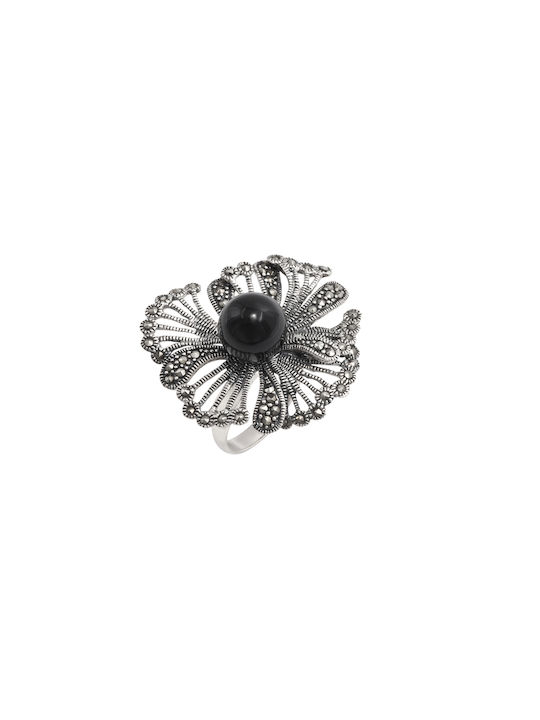 silverline, silver, women's, ring, flower with black, onyx, gemstones, marcasite