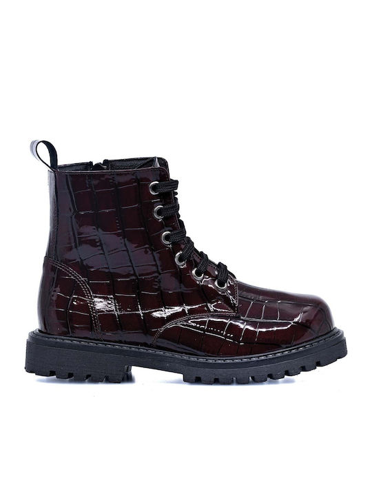 Ricco Mondo Kids Leather Anatomic Military Boots with Zipper Burgundy