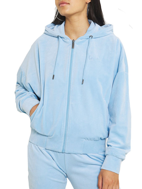 Karl Kani Chest Signature KW213-067 Women's Hooded Velvet Cardigan Light Blue KW213-067-1