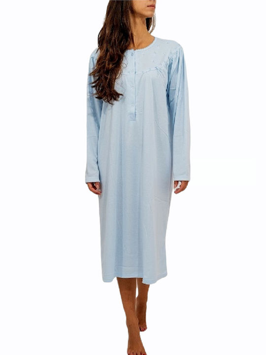 Nightgown monochrome long sleeve light blue