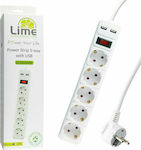Lime Πολύπριζο Ασφαλείας 5 Θέσεων με Διακόπτη, 2 USB και Καλώδιο 3m Λευκό